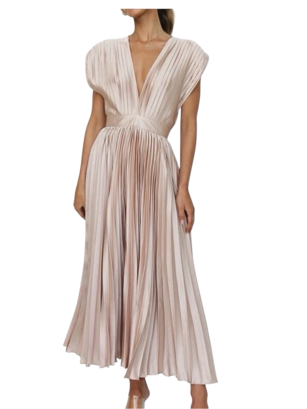 Elegant Pleated V-Neck Maxi Dress in Blush size s